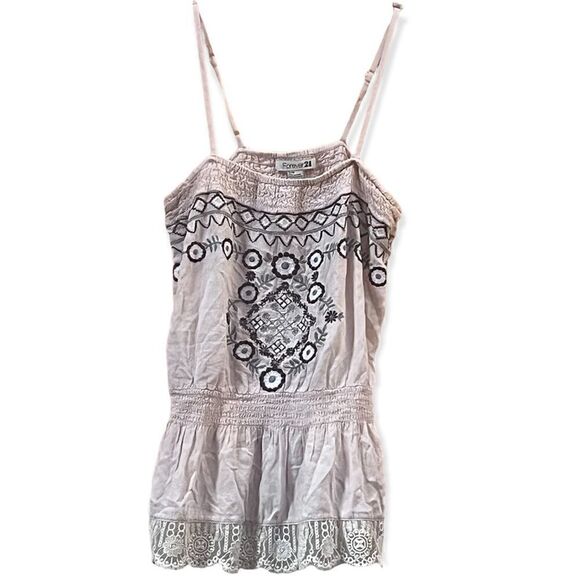 FOREVER 21 WOMENS SPAGHETTI STRAP SHIRRED WAIST LACE TRIMMED EMBROIDERED CAMI S - Picture 1 of 10